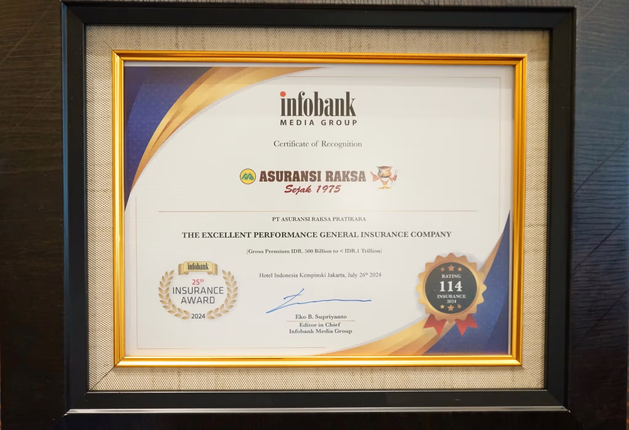 Asuransi Raksa sukses menjadi perusahaan Asuransi Umum dengan Kinerja Sangat Baik Tahun 2023 (Premi Bruto Rp500 Miliar hingga < Rp1 Triliun) dari Infobank